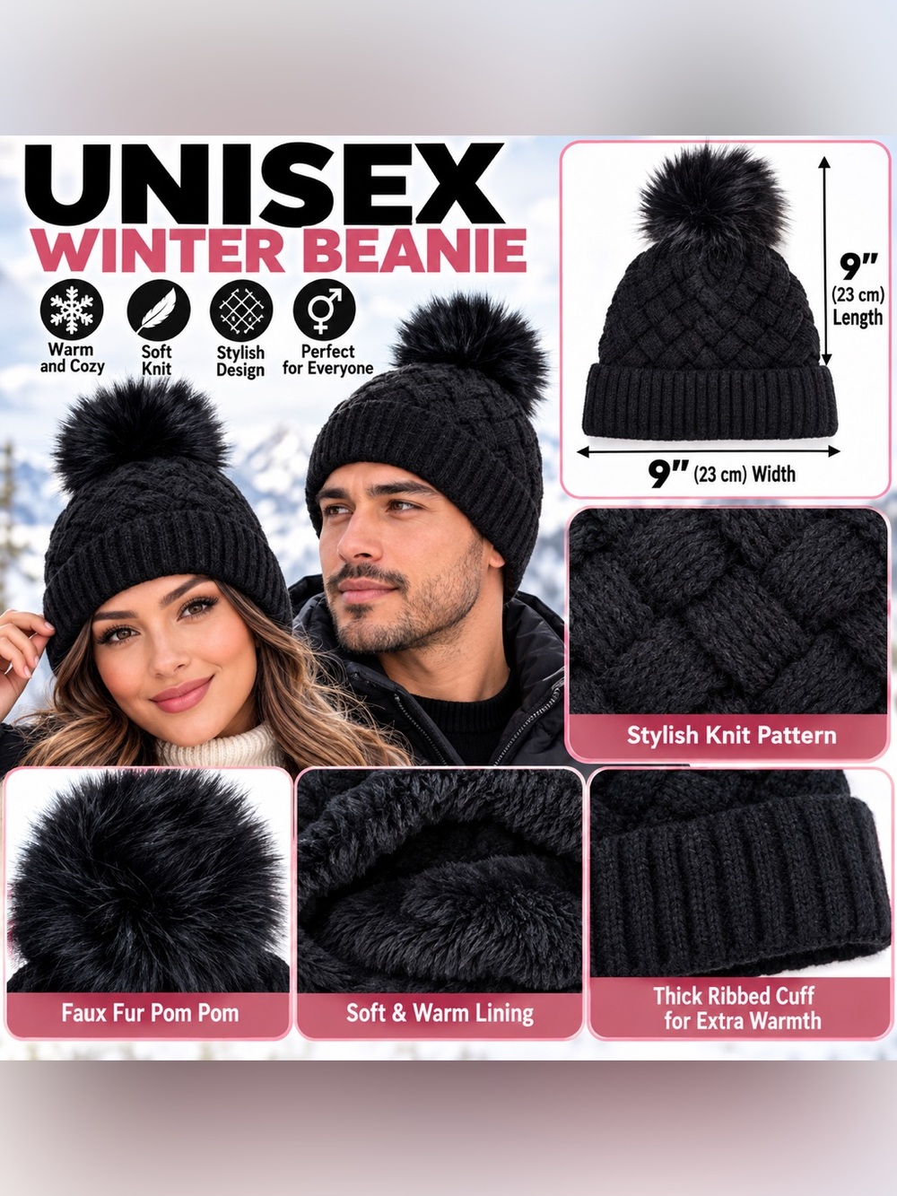 Black Faux Fur Pom Knit Beanie Hat - Unbranded